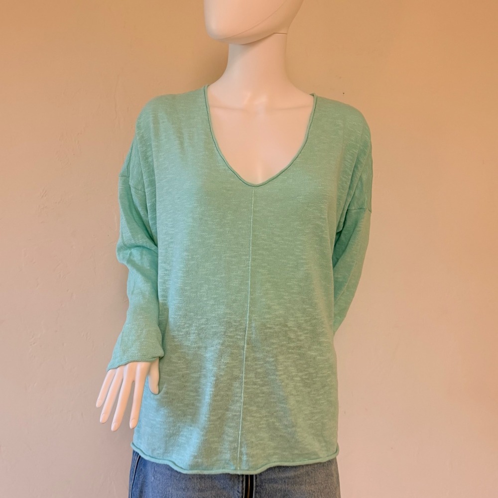 NWT Eileen Fisher Organic Linen Cotton Slub V-Neck‎ Capri Pullover Mint Green XL